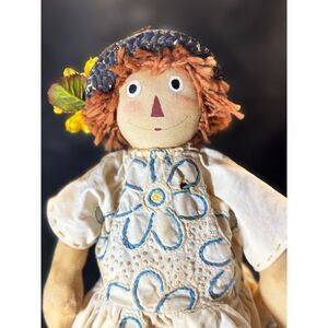 Vtg Judy Hutchins Primitive Prairie Rag Doll Signed Handmade Folk Art  Stand 14"